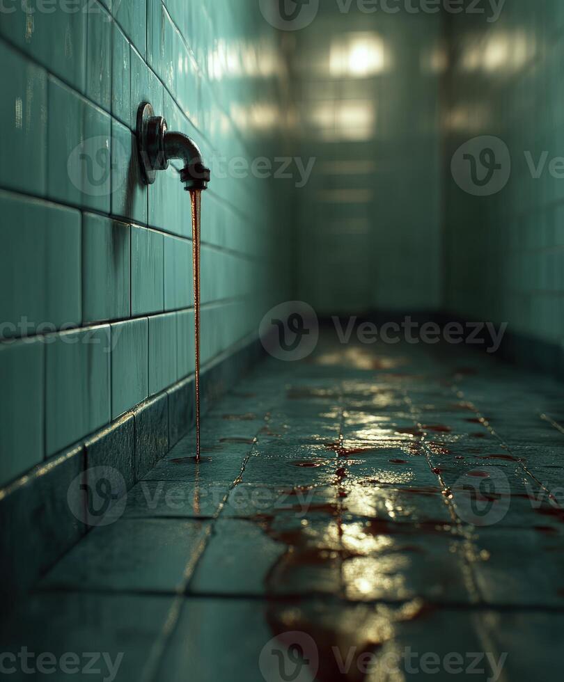 Leak from pipe creating water flow on tiled floor photo