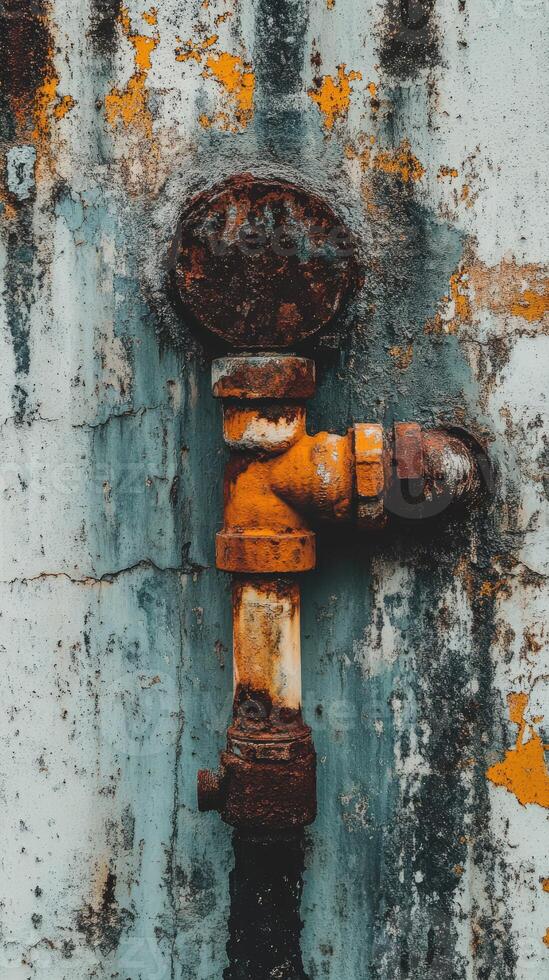 Pipe leaking water on rusted wall in an industrial area photo