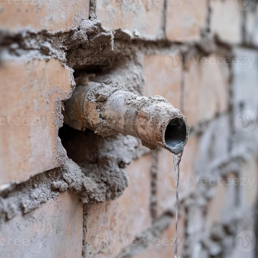 Leak from a pipe in a brick wall during construction work photo