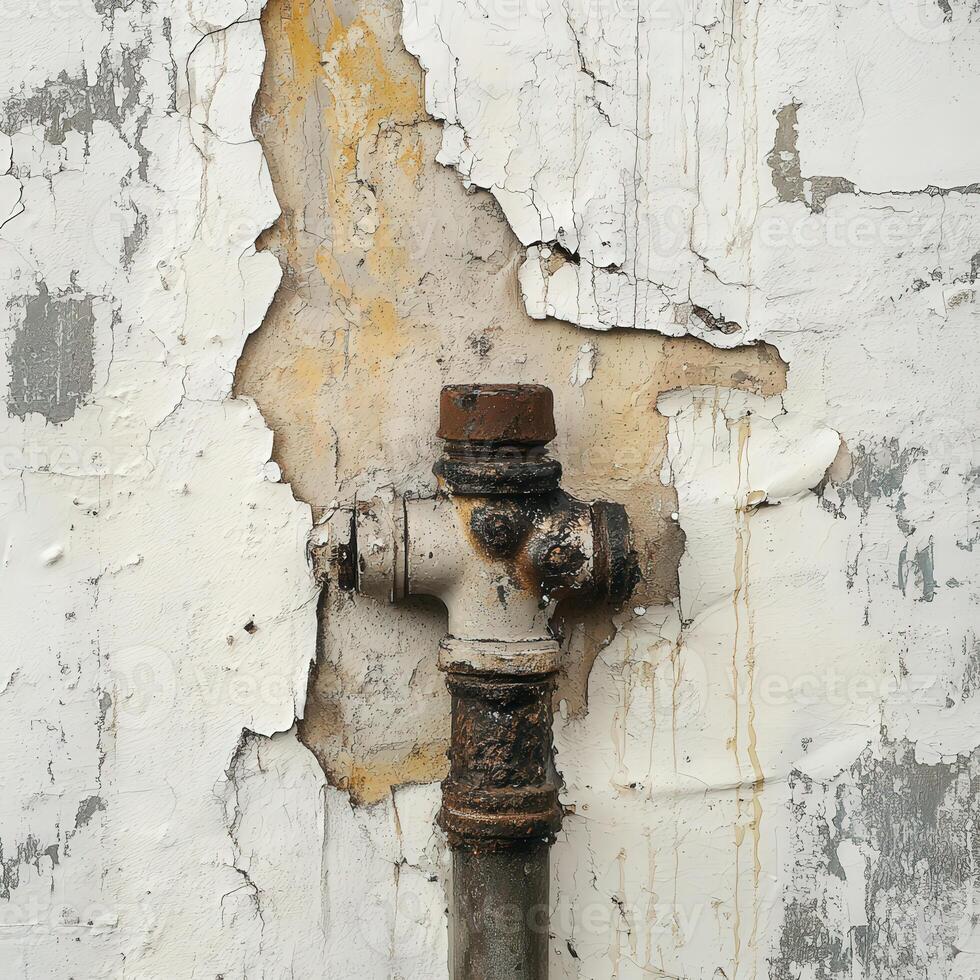 Leak in pipe reveals damaged wall and rusty fittings photo