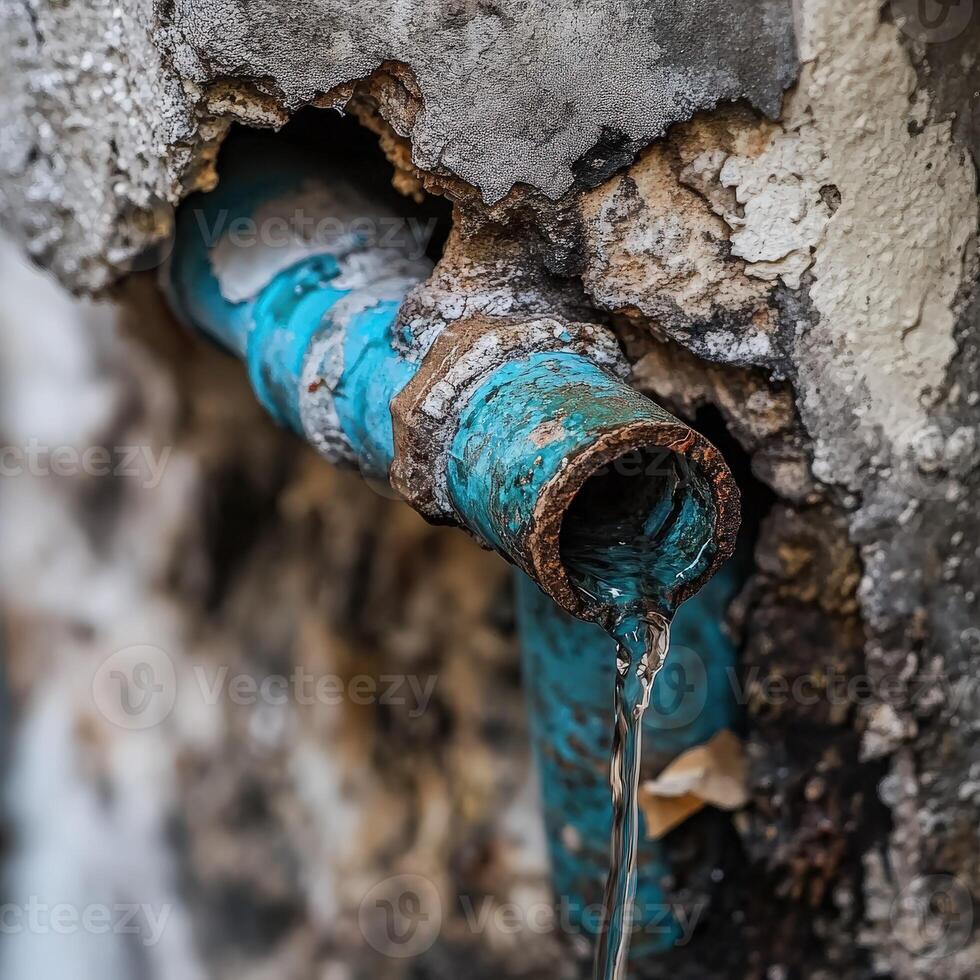Leak from damaged pipe in dilapidated urban building during day photo