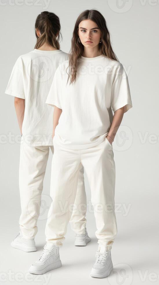 Model showcasing casual white outfit with relaxed fit photo