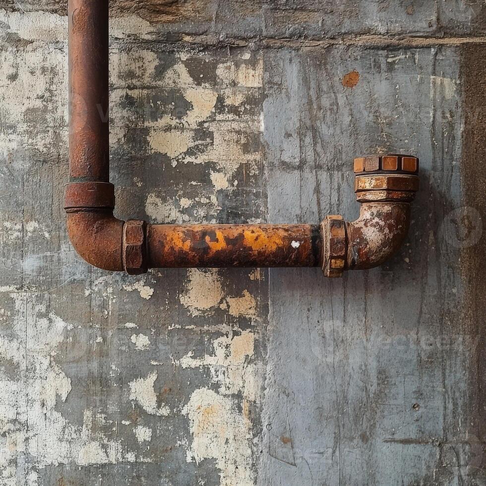 Leak detected in rusty pipe against textured wall surface photo