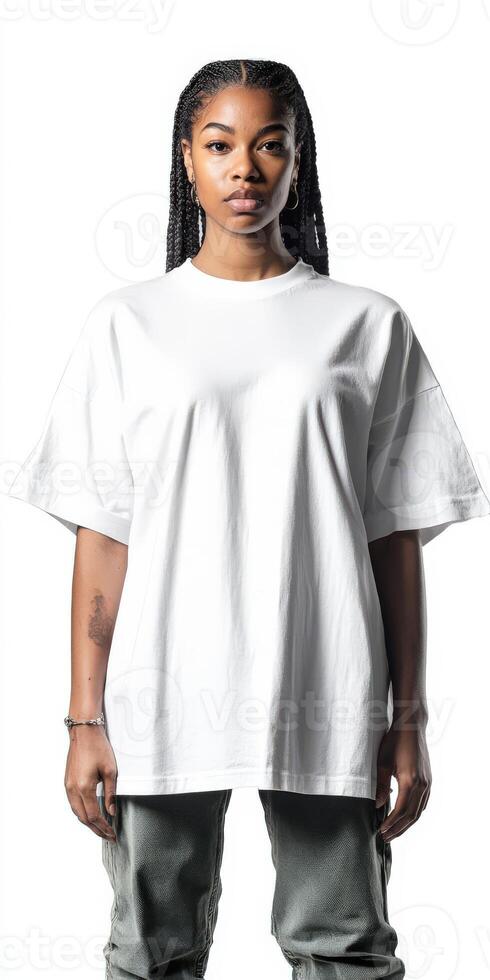 Woman in a white oversized tee on a plain backdrop photo