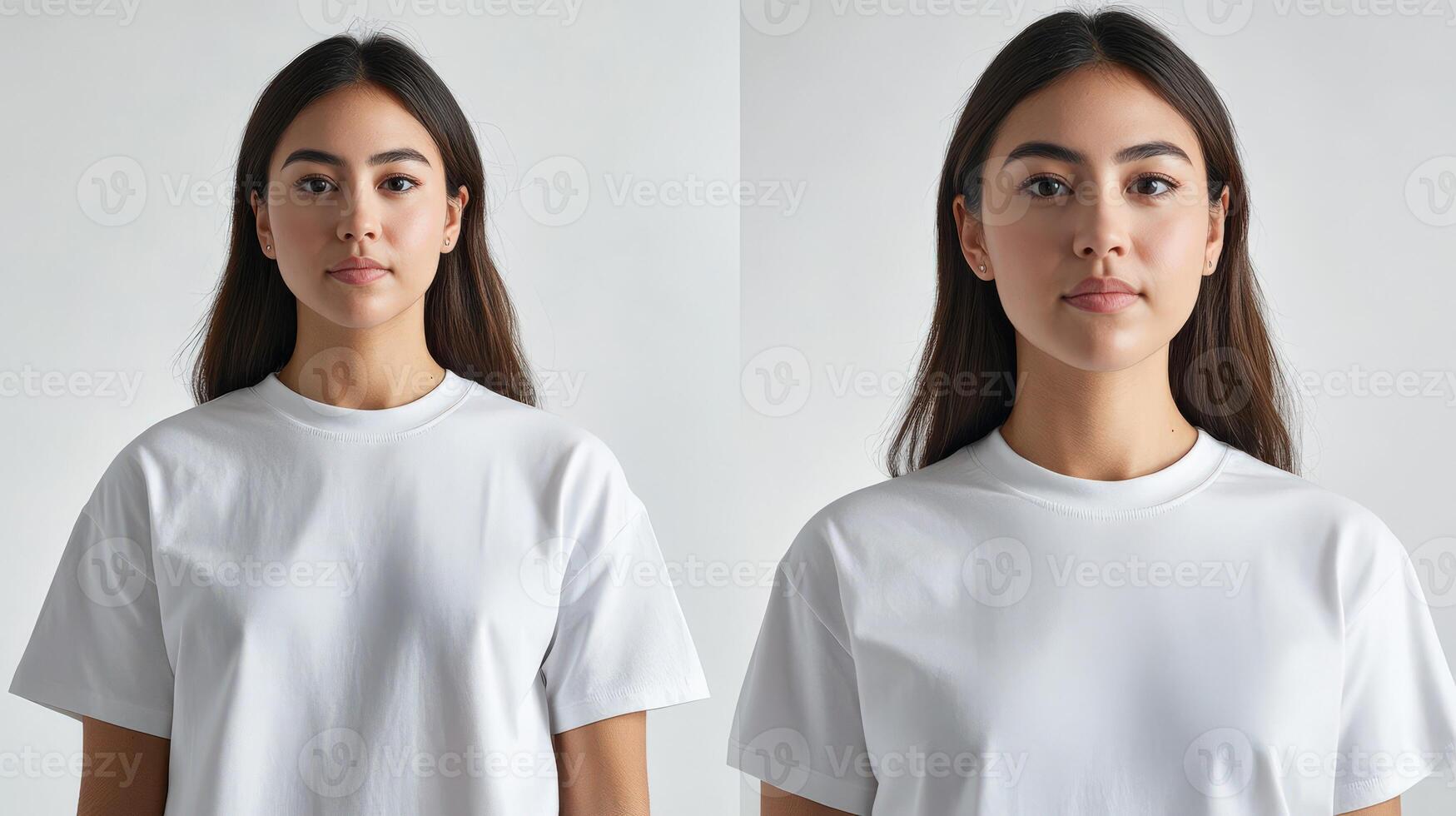 Woman in white tee posing on neutral background photo