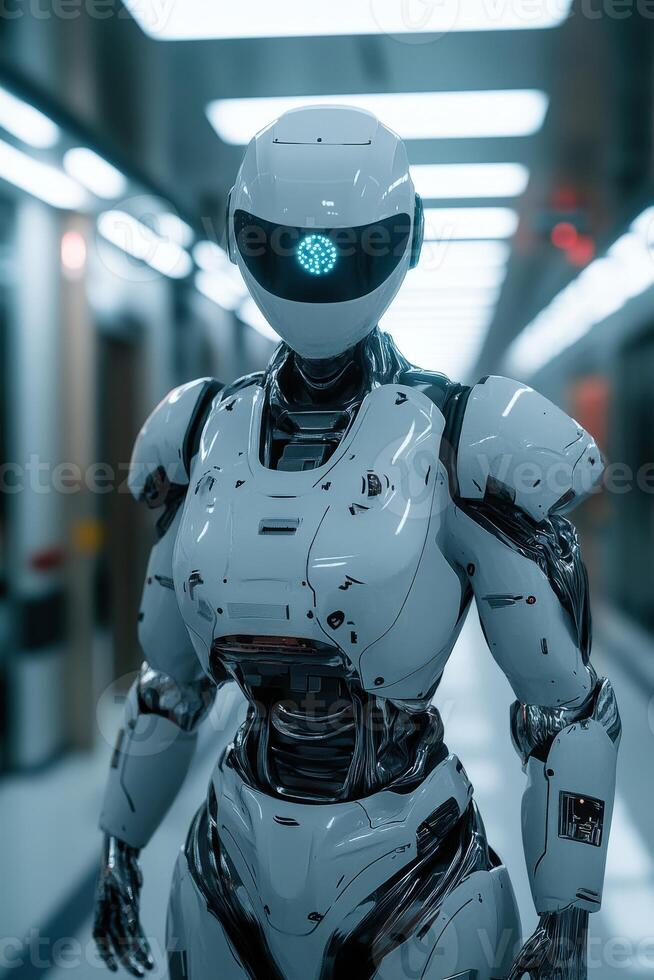 Futuristic hospital robot in a high-tech corridor photo