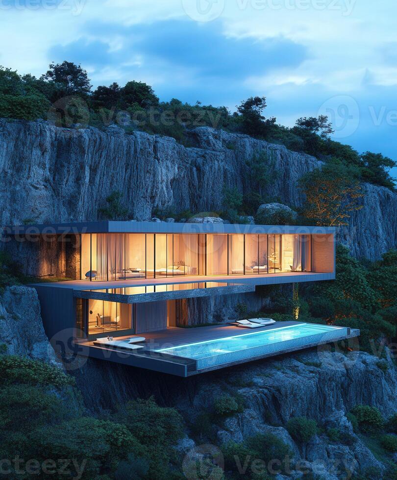 Modern cliffside home with a stunning pool at dusk photo