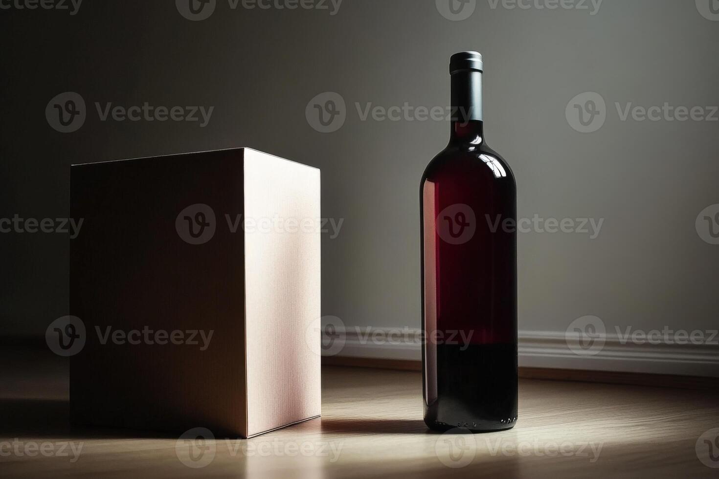 Wine bottle and box in soft light with shadows photo