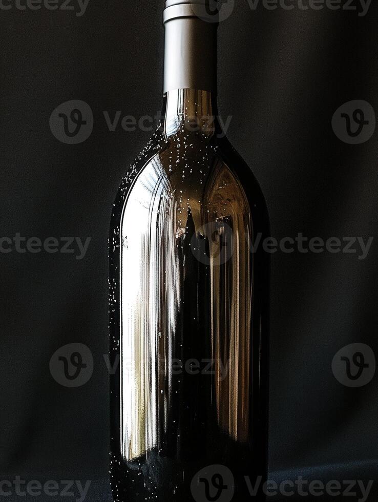 Elegant black wine bottle with shimmering bubbles displayed photo