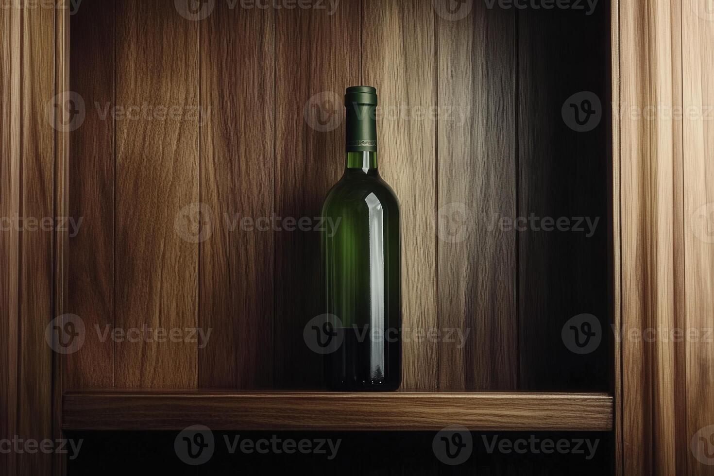 Elegant glass bottle sits on wooden shelf in dim lighting photo