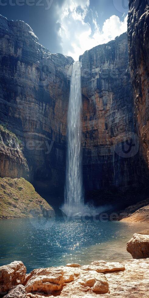 Stunning waterfall cascades into serene pool in canyon photo