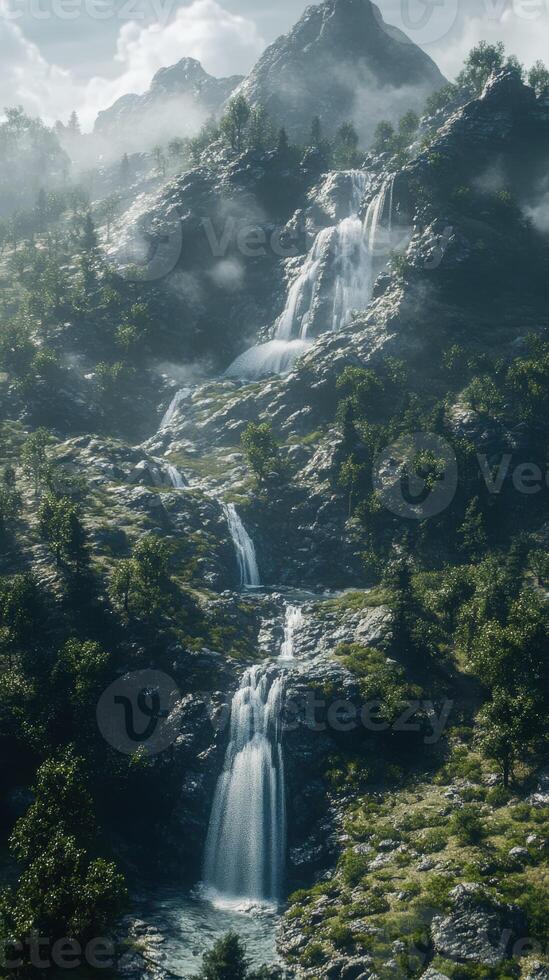 Majestic waterfalls cascading down a lush mountain landscape photo