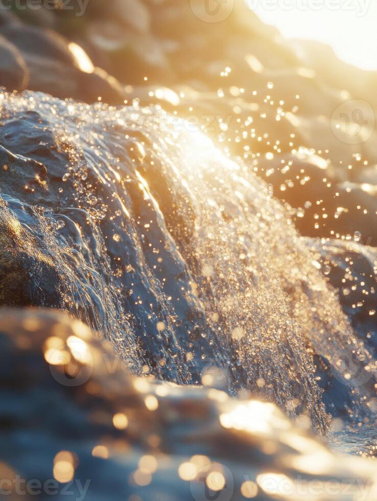 Water cascading over rocks in a golden sunlit setting photo