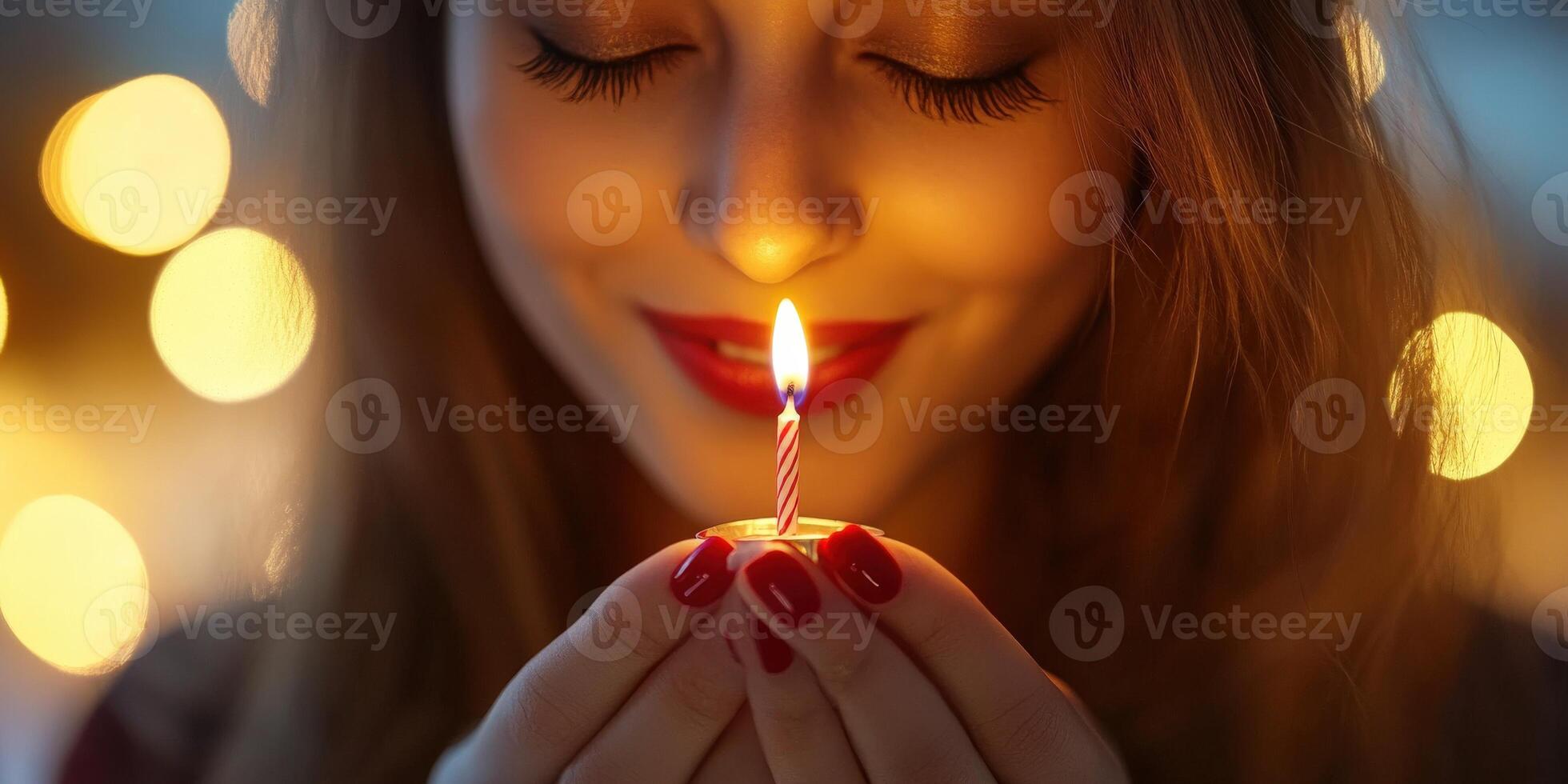 Young woman holds candle with warm glow in intimate setting photo