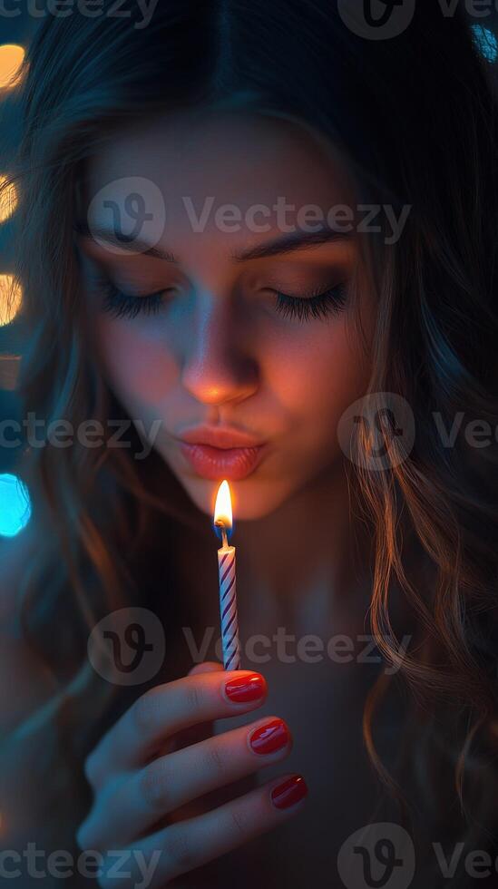 Young woman blowing out birthday candle with soft lighting photo