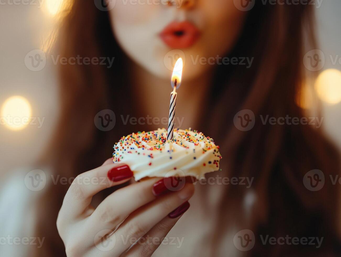 Celebrating a birthday with a cupcake and a lit candle photo