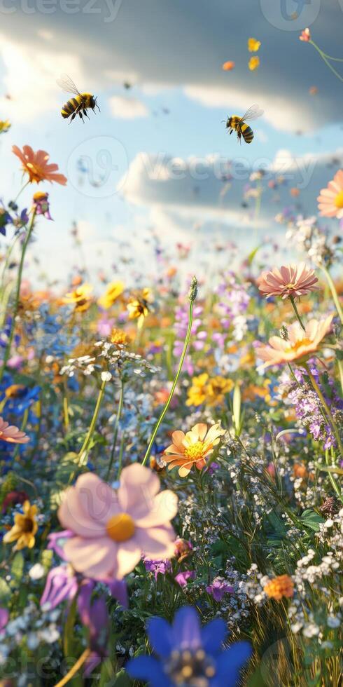 Colorful wildflower field attracts buzzing bees during daylight photo