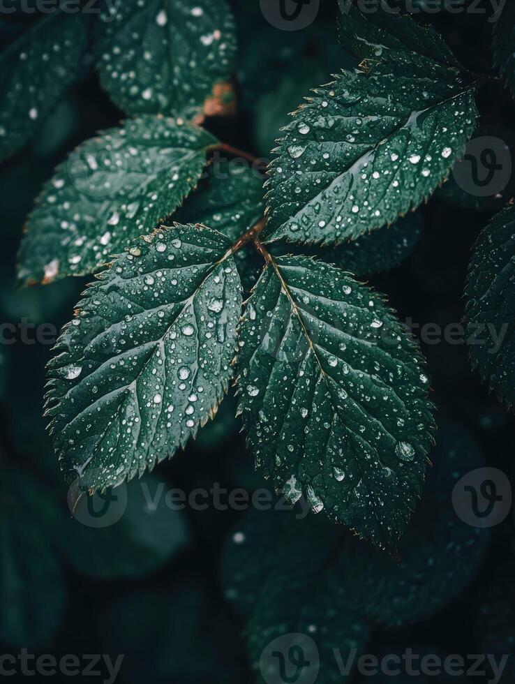 Dark green leaves with raindrops captured in the morning photo