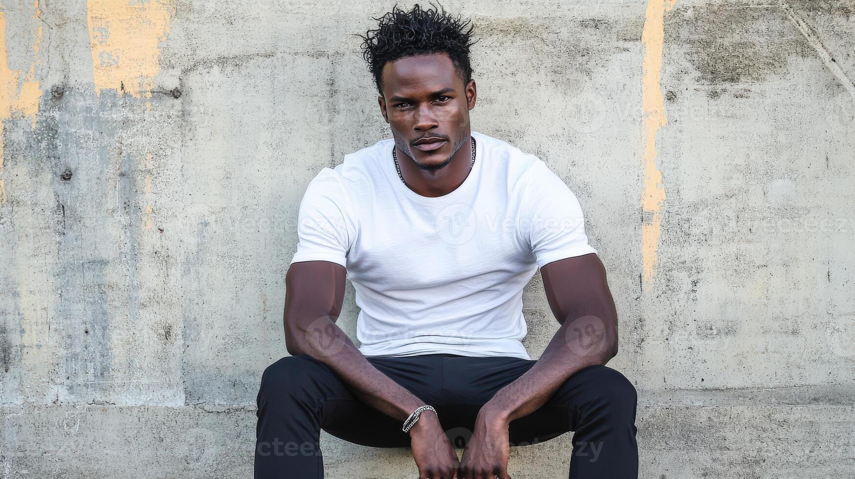 Stylish man posing against urban wall in casual outfit photo