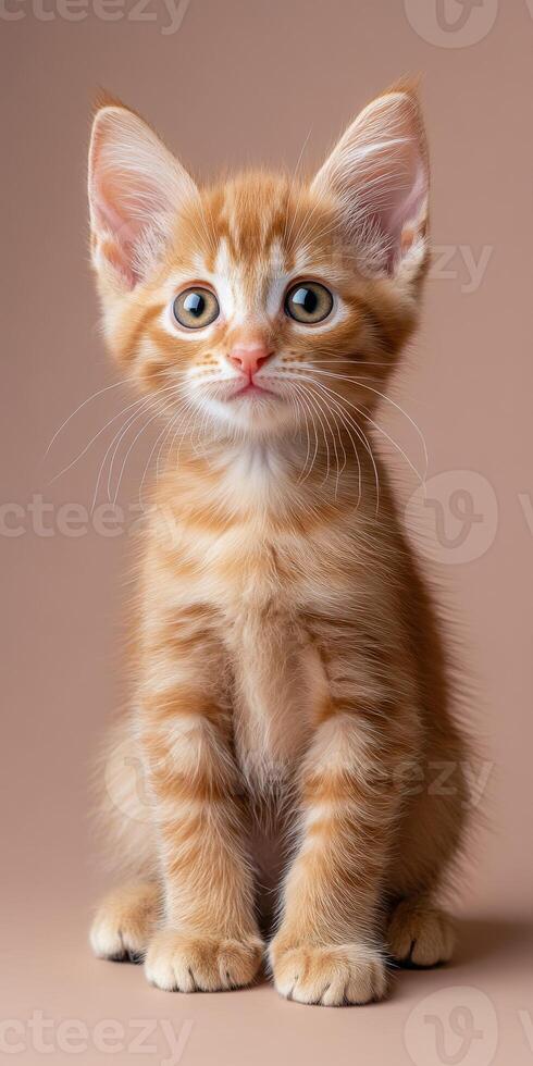 Cute orange kitten sitting against a beige background photo