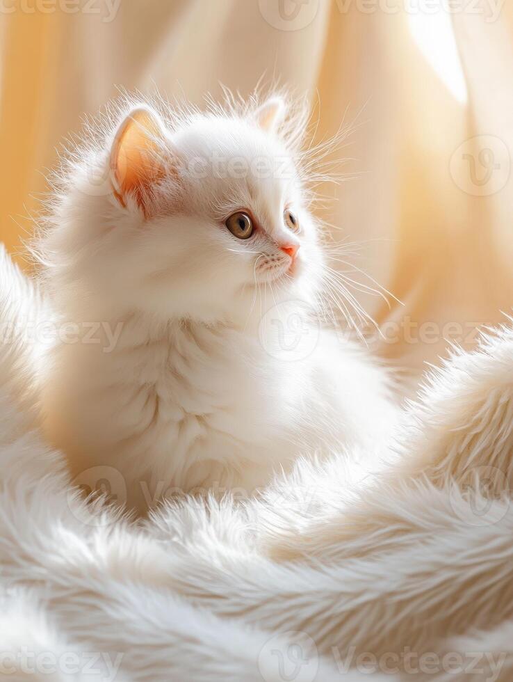 Cute fluffy kitten resting on soft blanket in sunlight photo