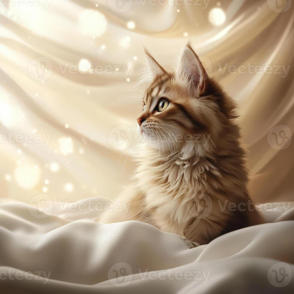 Beautiful cat gazing thoughtfully at the light behind fabric photo