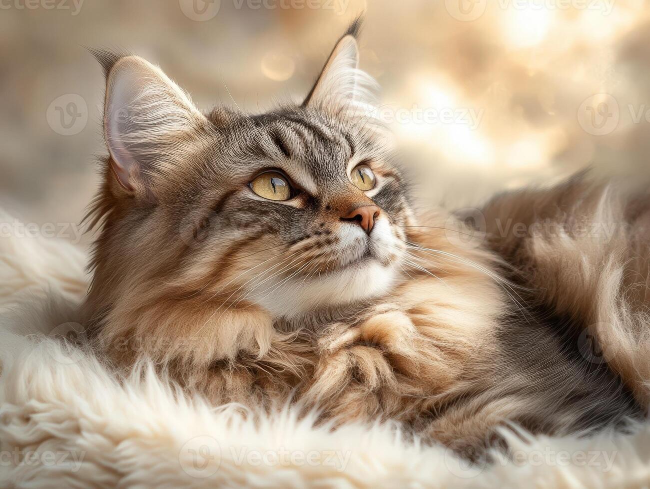 Fluffy cat resting peacefully on a soft blanket at home photo