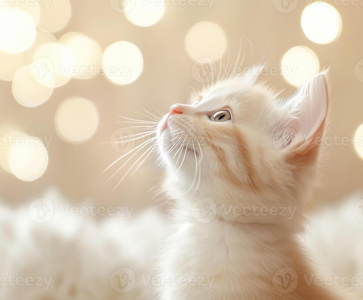 Cute kitten gazing at sparkling lights in cozy setting photo