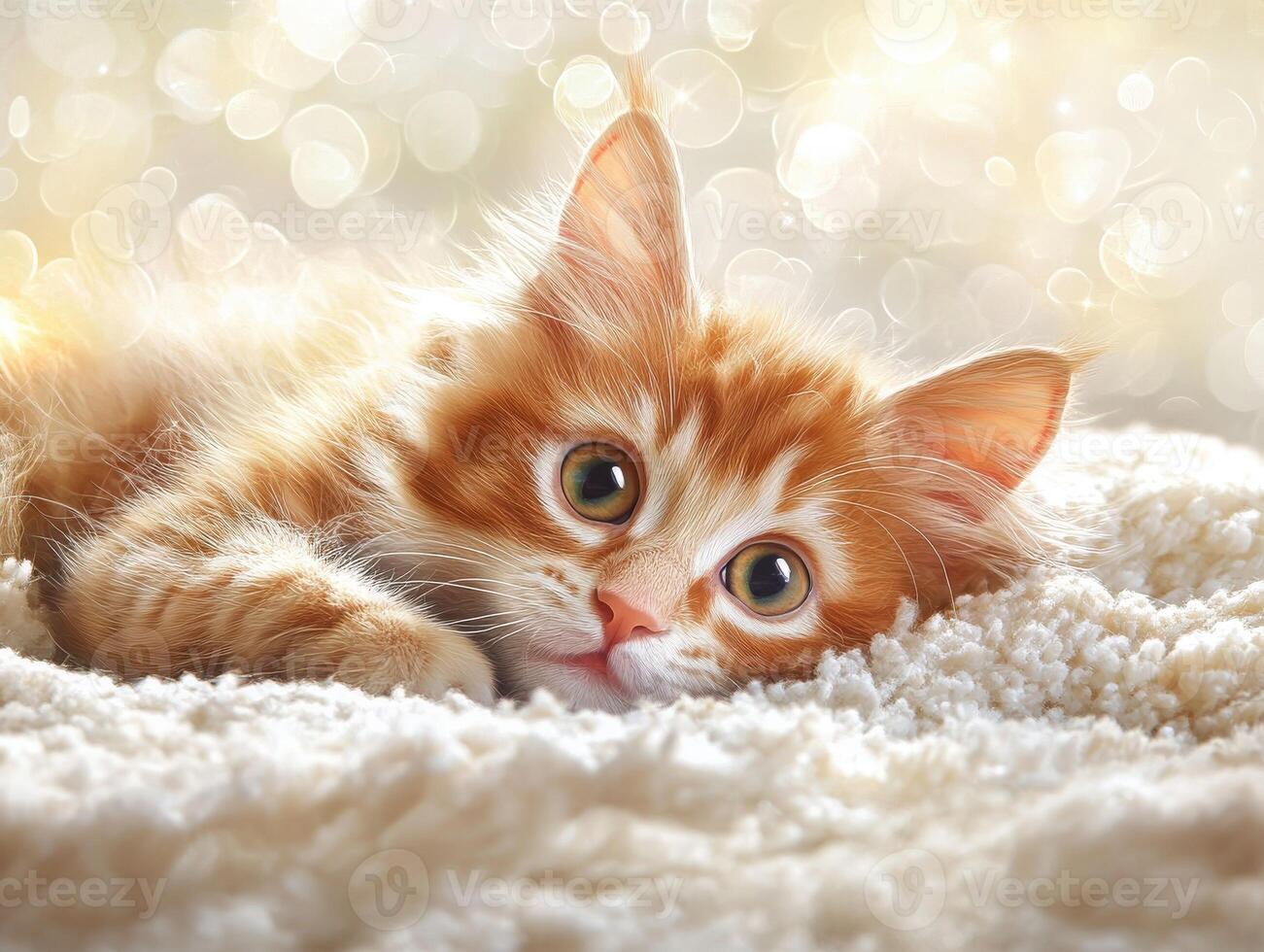 Cute orange kitten relaxing on soft carpet with bokeh background photo