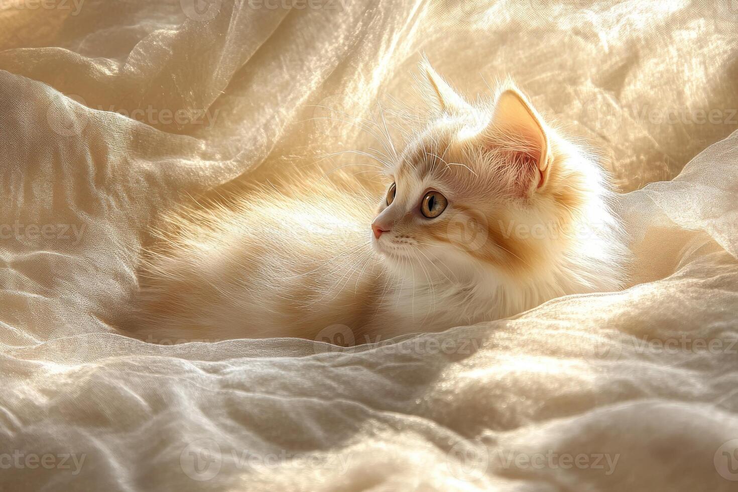 Soft light highlights a playful kitten resting gracefully photo