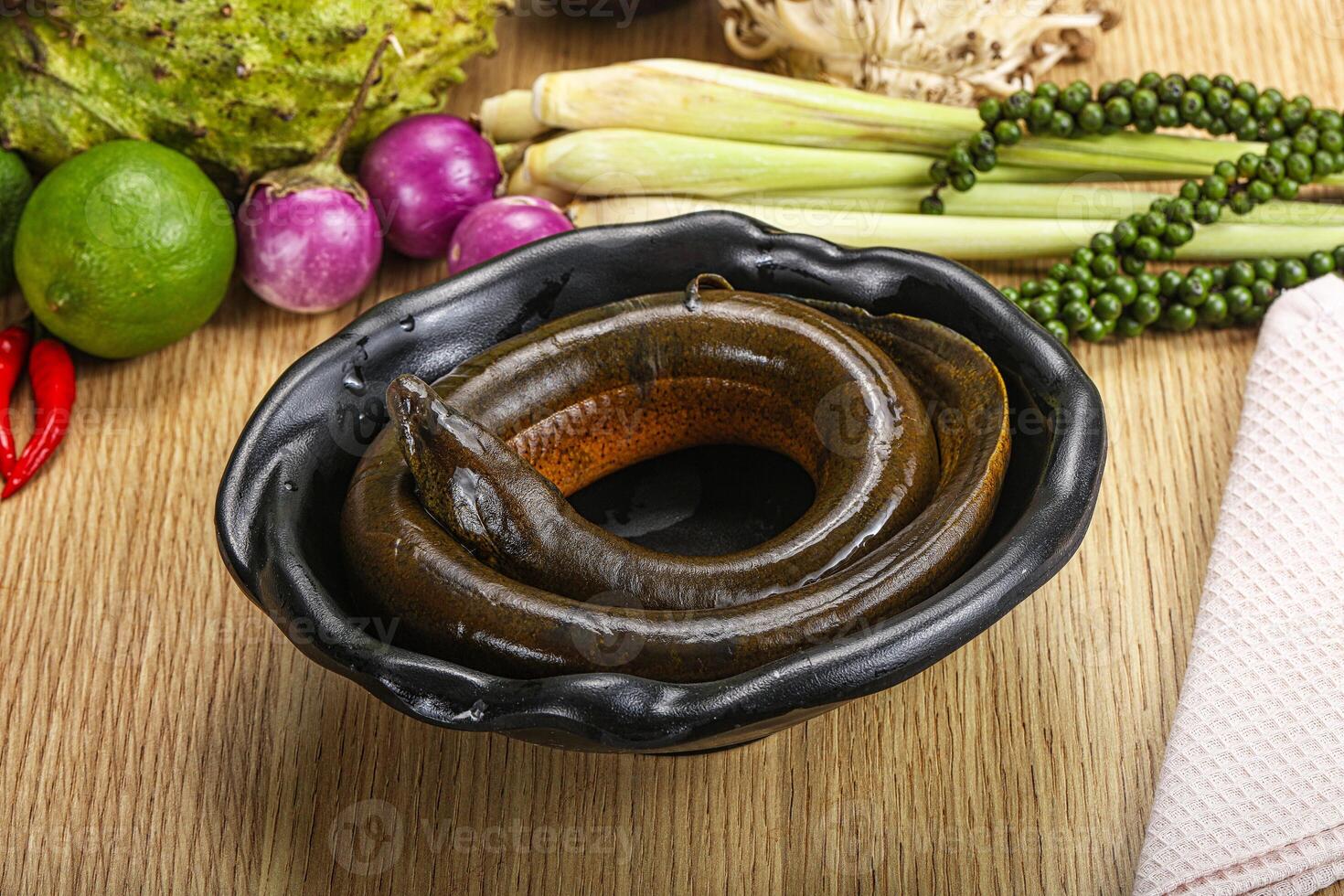 A bowl of food with a snake in it photo