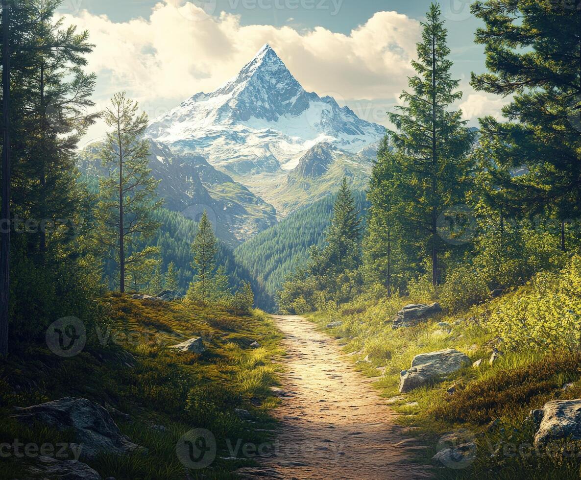 A path leads to a mountain range with trees and grass photo