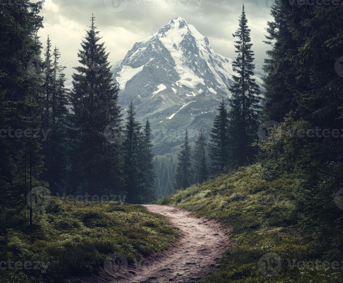 A dirt path leads to a mountain with trees photo