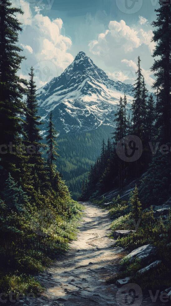 A painting of a mountain trail with trees and mountains in the background photo
