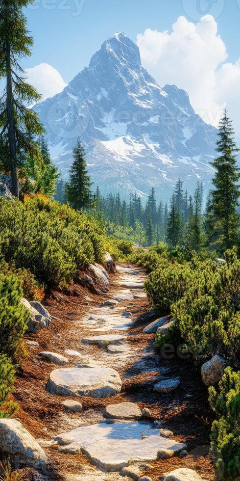 A path leads to a mountain with trees and rocks photo