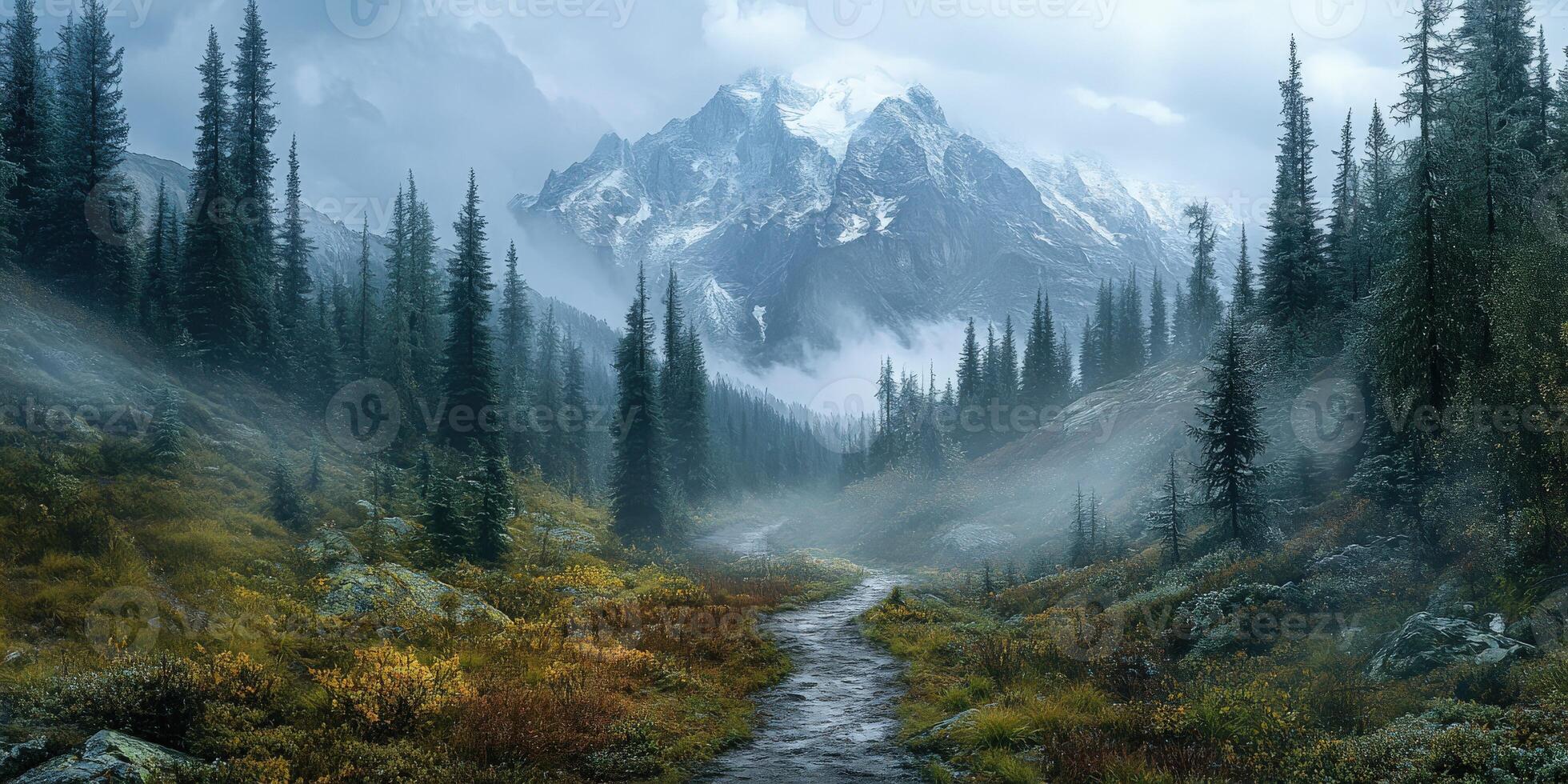 A mountain path in the middle of a forest photo