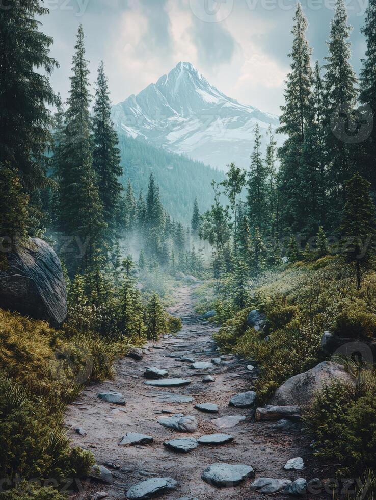 A path through a forest with rocks and trees photo