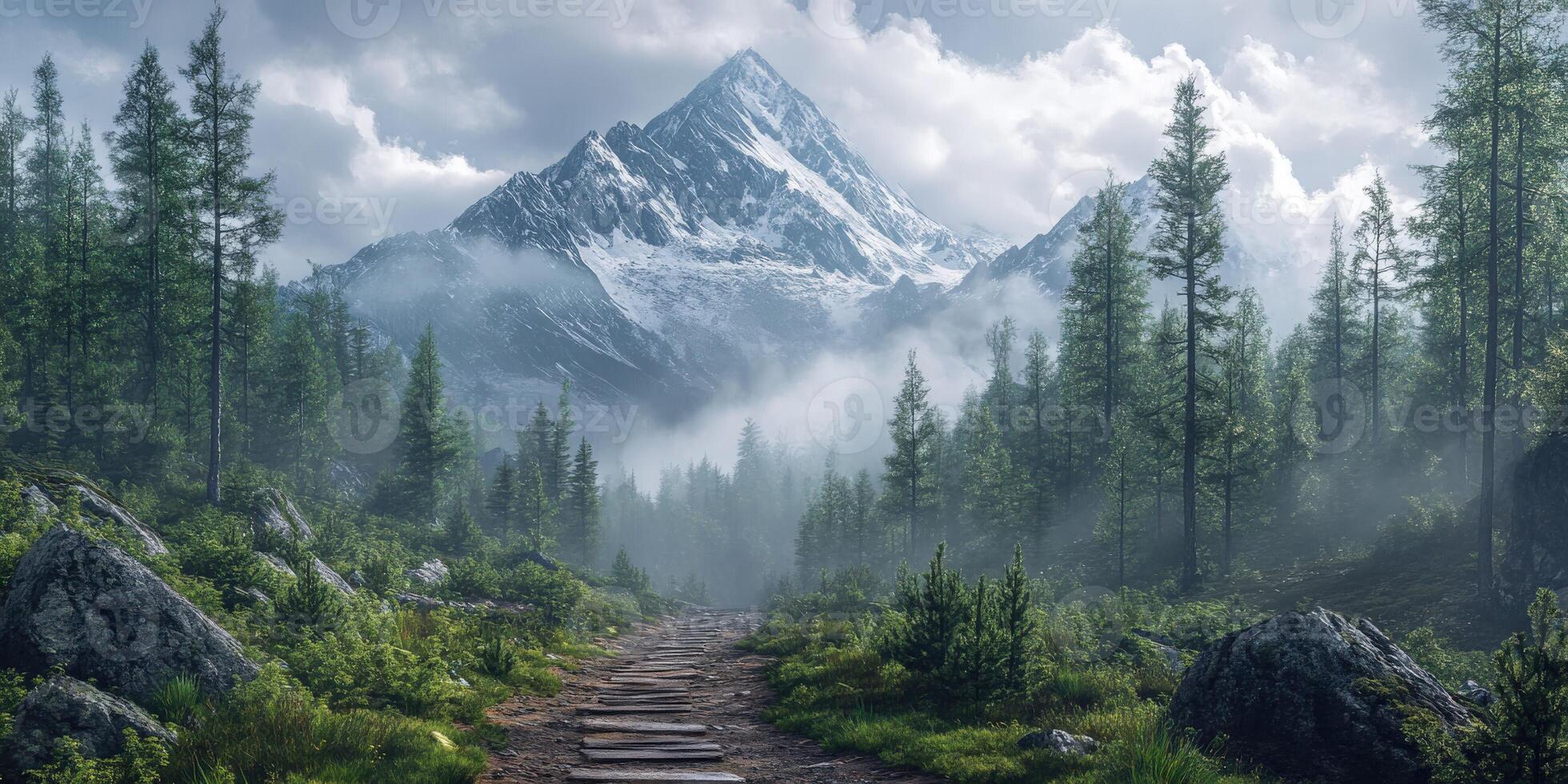 A path leads to a mountain with fog and trees photo