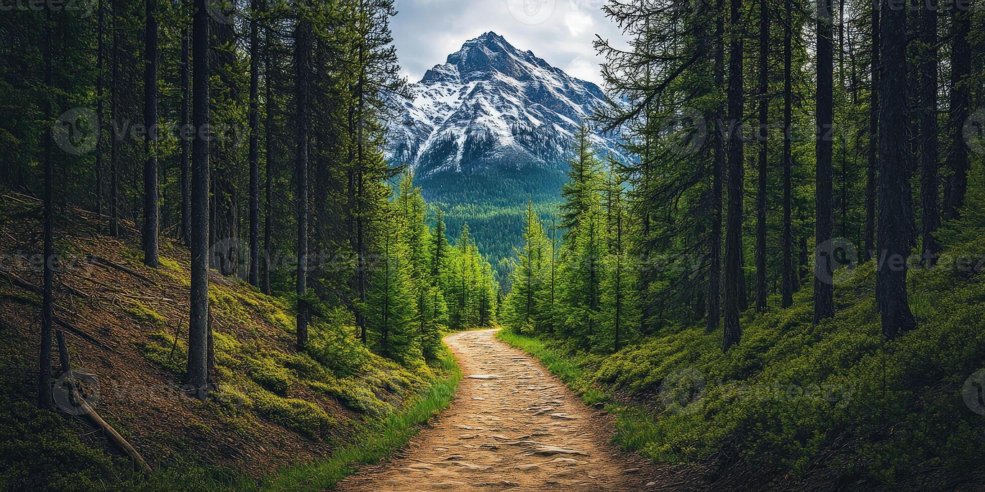 A dirt path leads to a mountain range in the forest photo