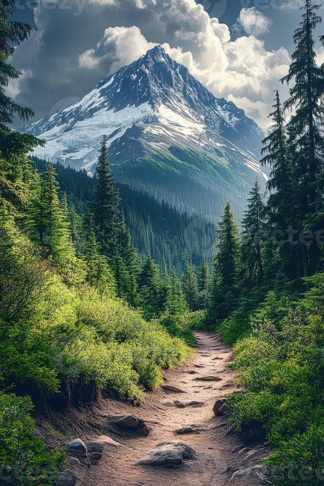 A dirt path leads to a mountain with trees and clouds photo