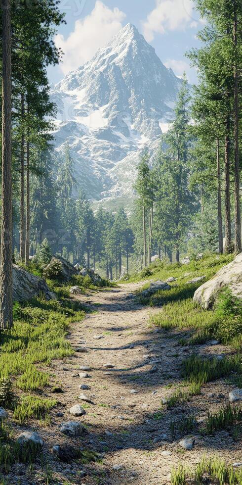A path through the woods with a mountain in the background photo