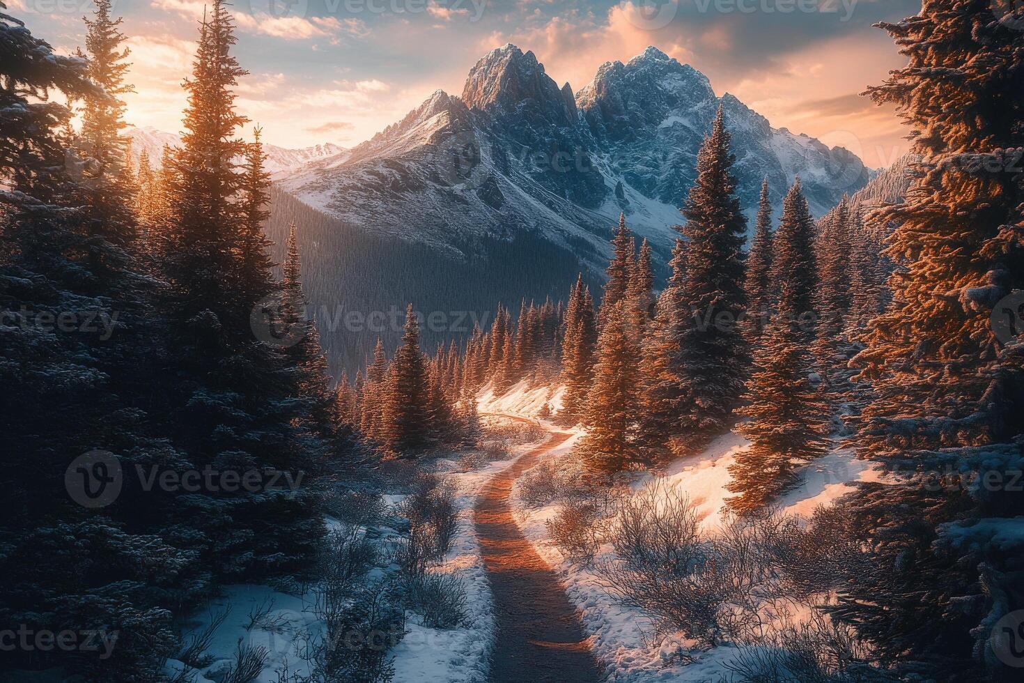 A path leads to a snowy mountain range photo