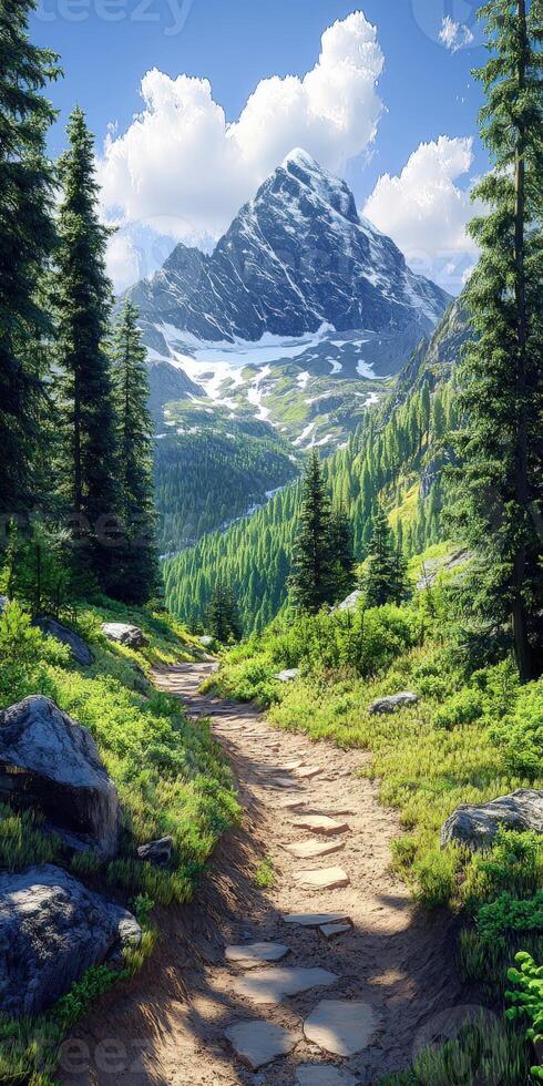 A path leads to a mountain range with trees and grass photo