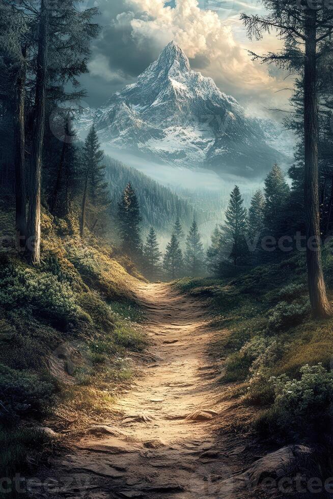 A path leads to a mountain with trees and clouds photo