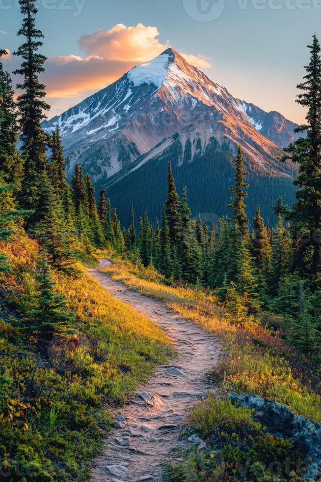 A trail leads to a mountain with trees and a sunset photo