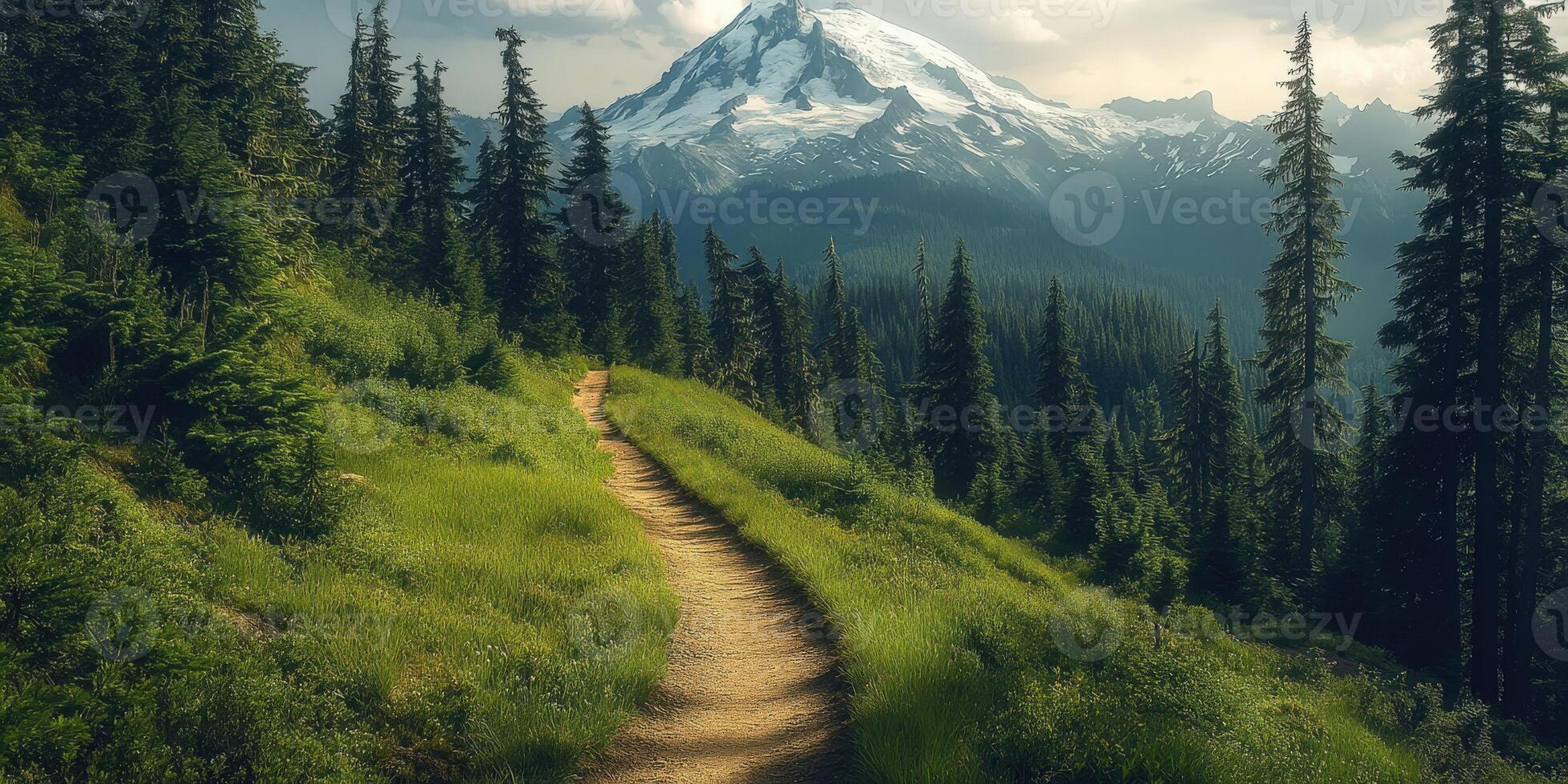 A path leads to a mountain with trees and grass photo