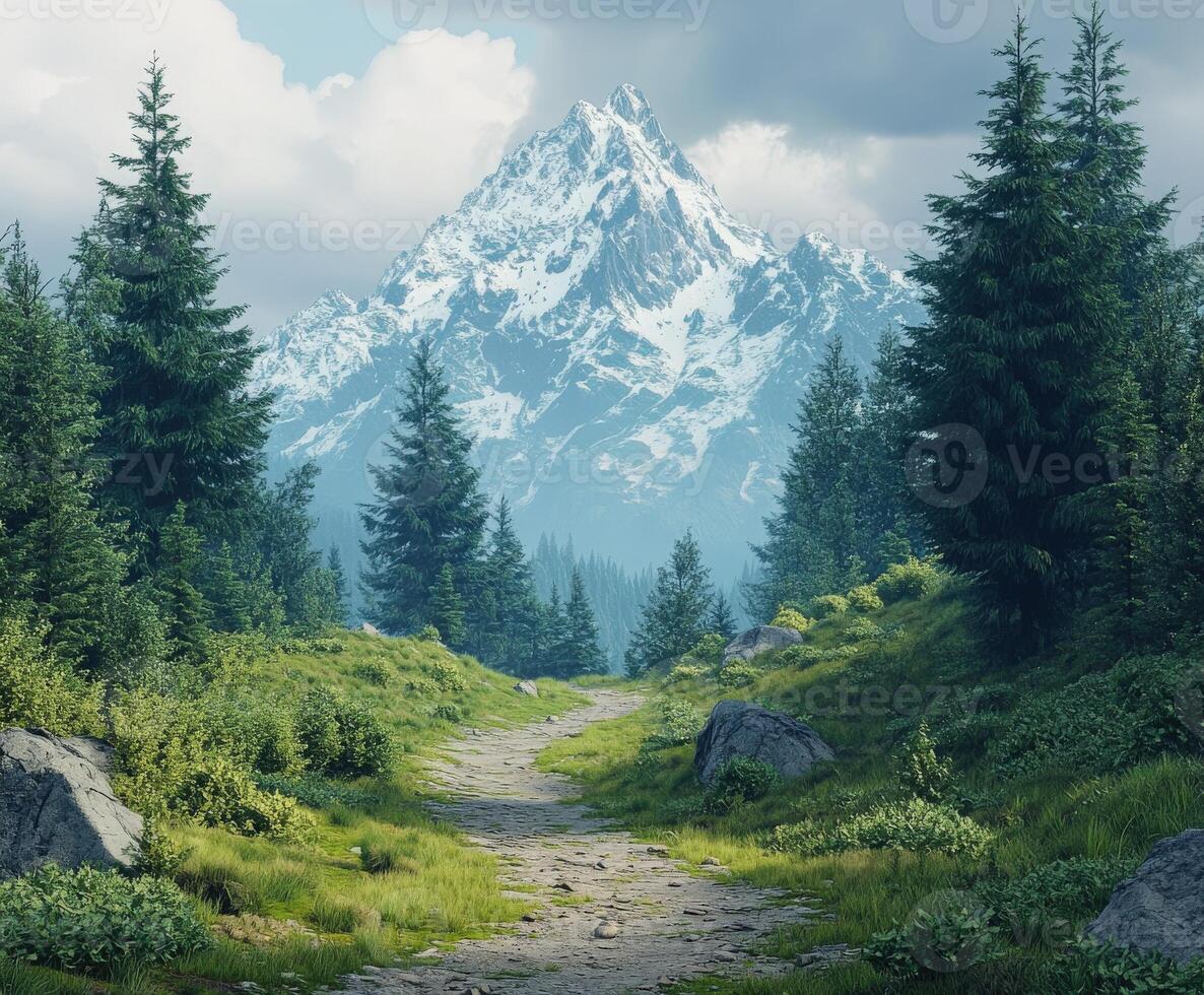 A path leads to a mountain range with trees and grass photo