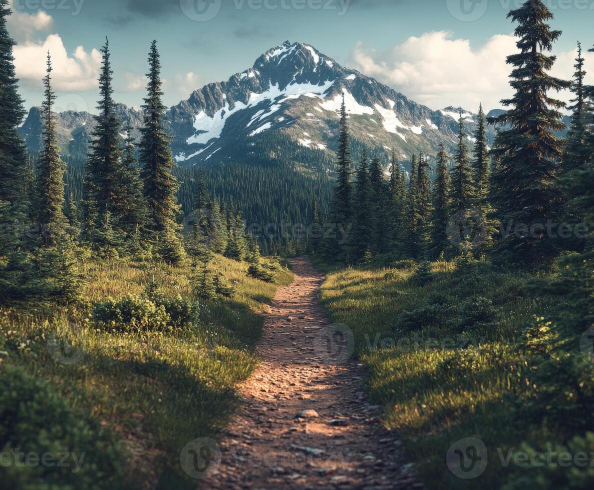 A dirt path leads to a mountain range photo