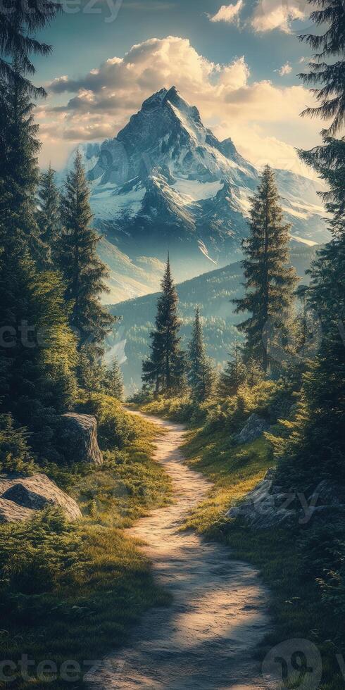 A path leads to a mountain with trees and grass photo