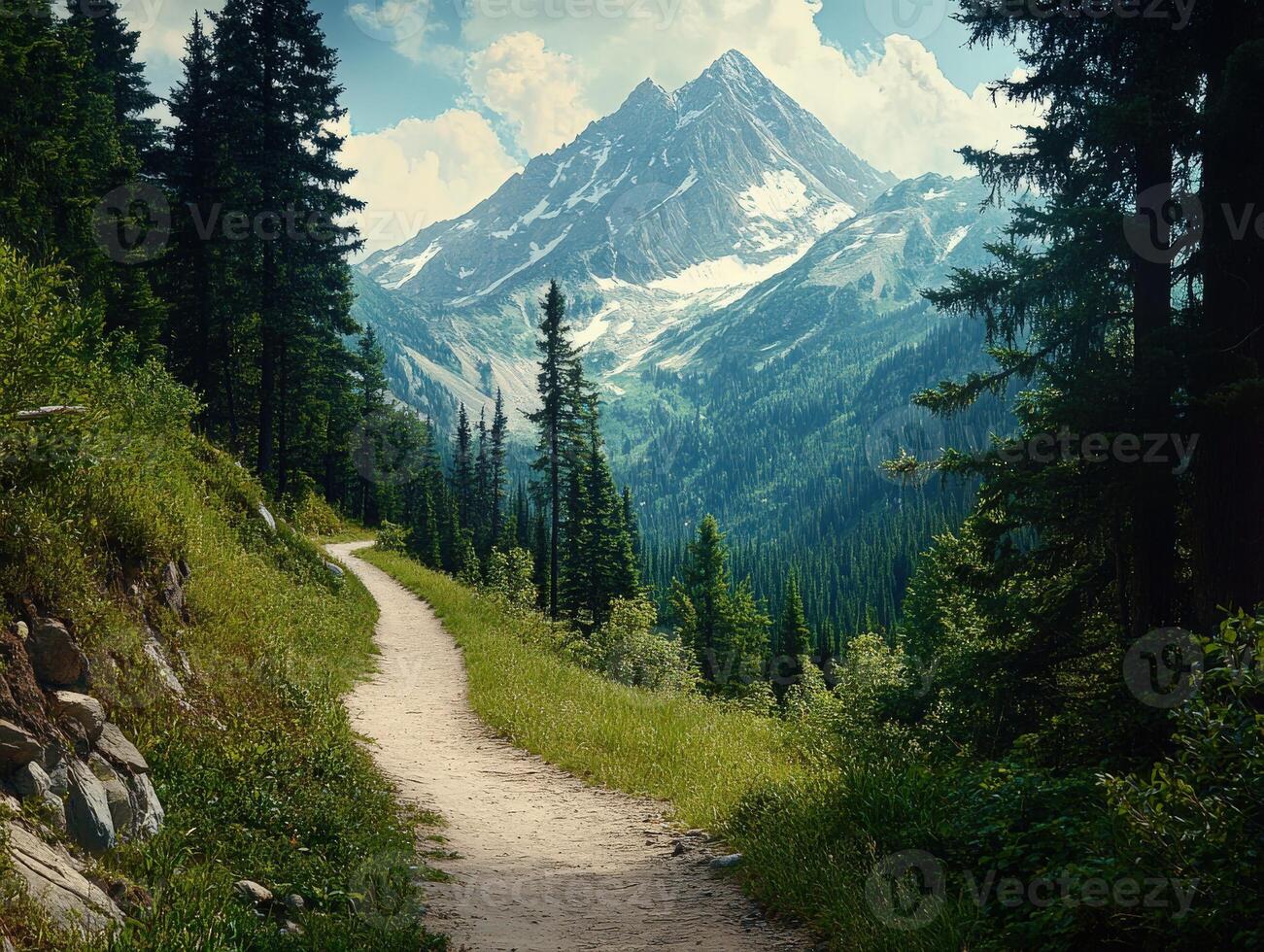 A path leading to a mountain range with trees and grass photo